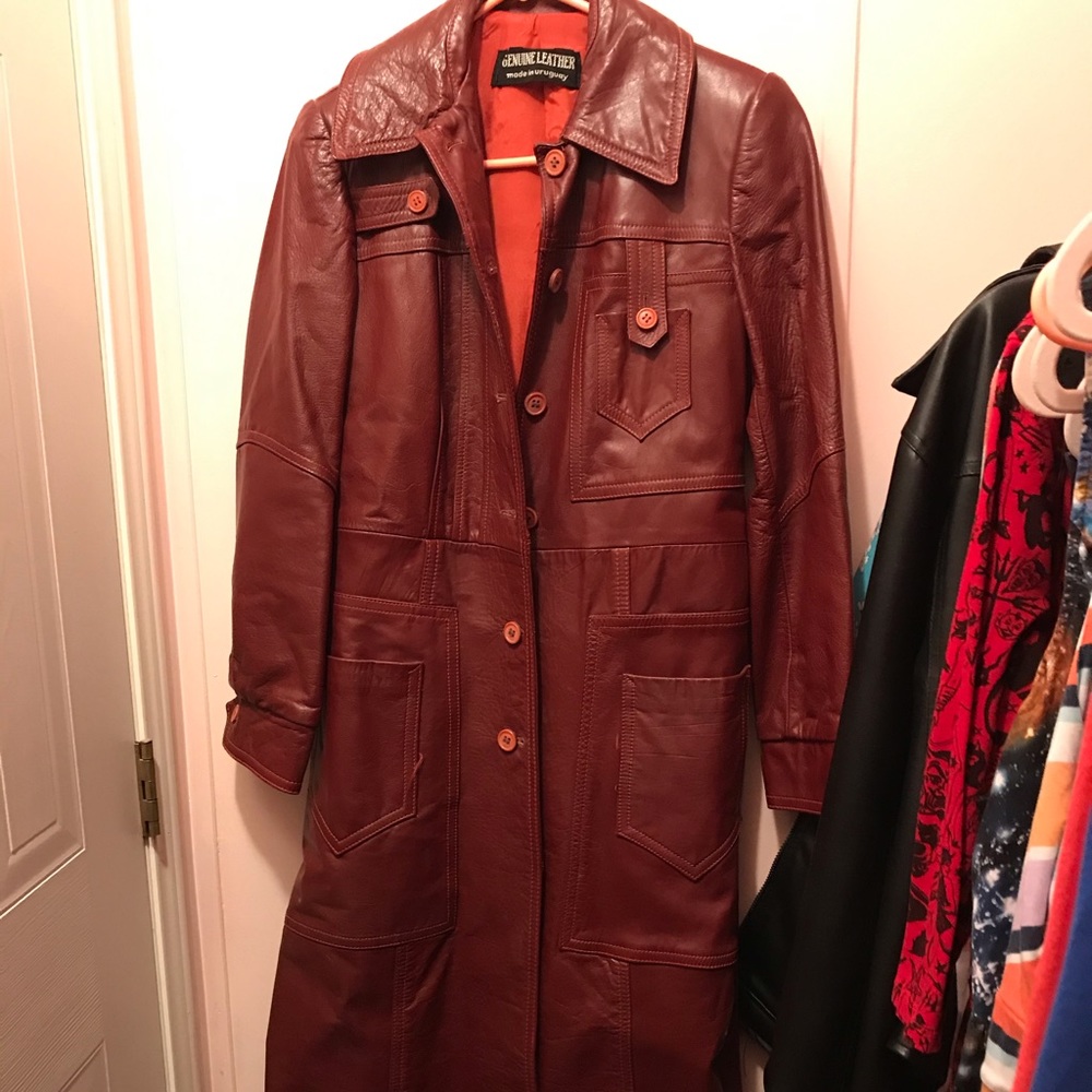 Vintage mens Burgundy Leather Trench coat
